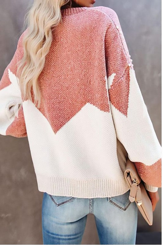 Pearl Beaded Color Block Knit Sweater