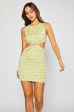 A short skirt green dress with a round neckline and sleeveless, featuring a flirty skirt design and a high slit.