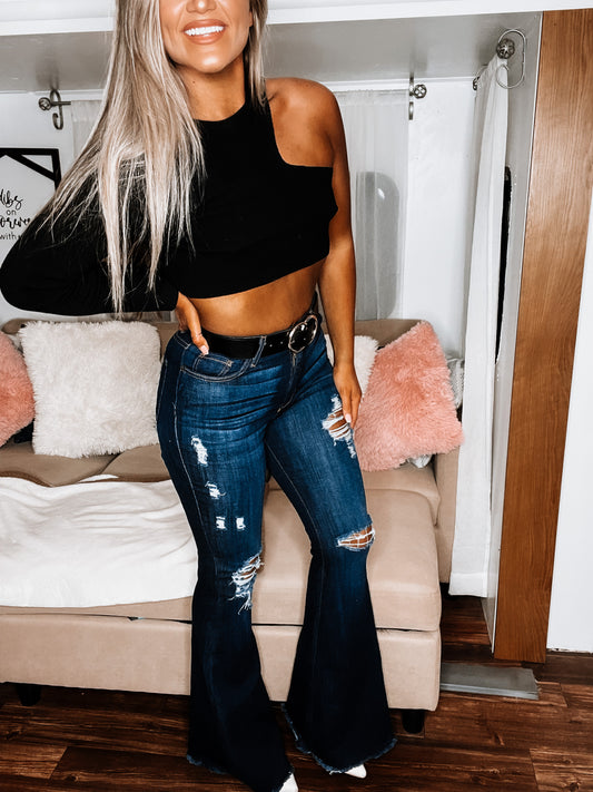 Distressed Bell-Bottom Jeans - Dark Wash