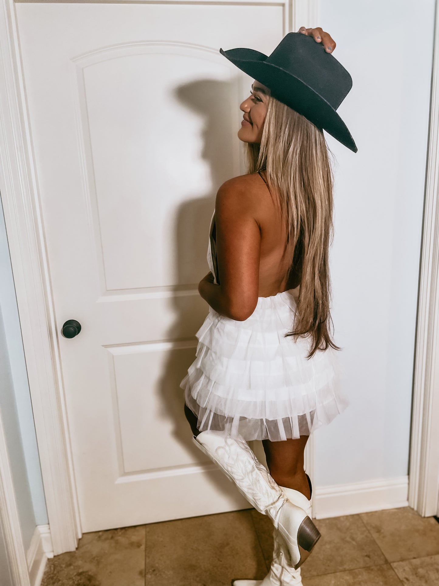 White Bachelorette Dress with Sheer Skirt