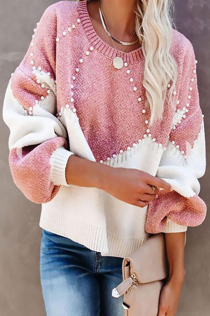 Pearl Beaded Color Block Knit Sweater