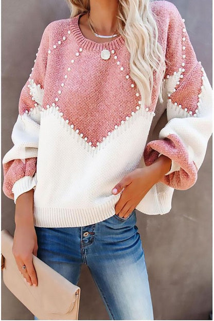 Pearl Beaded Color Block Knit Sweater