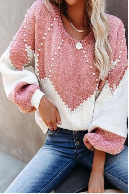 Pearl Beaded Color Block Knit Sweater