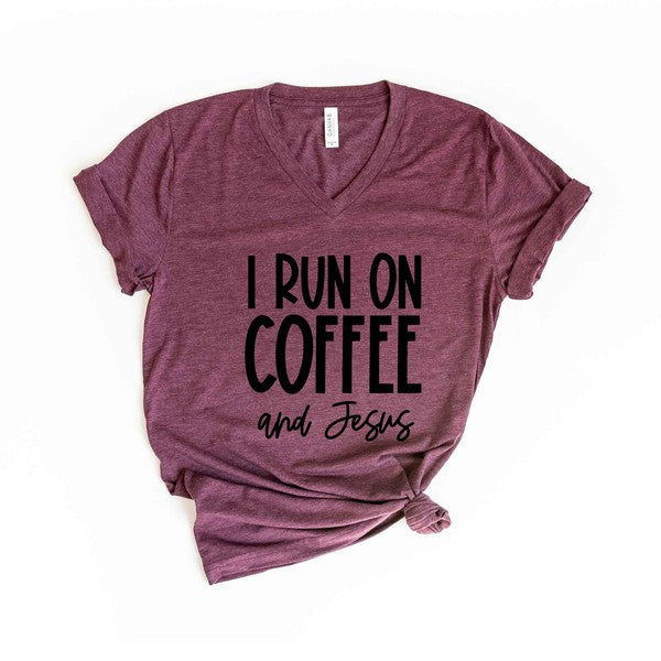 I Run On Coffee And Jesus V-Neck Graphic Tee