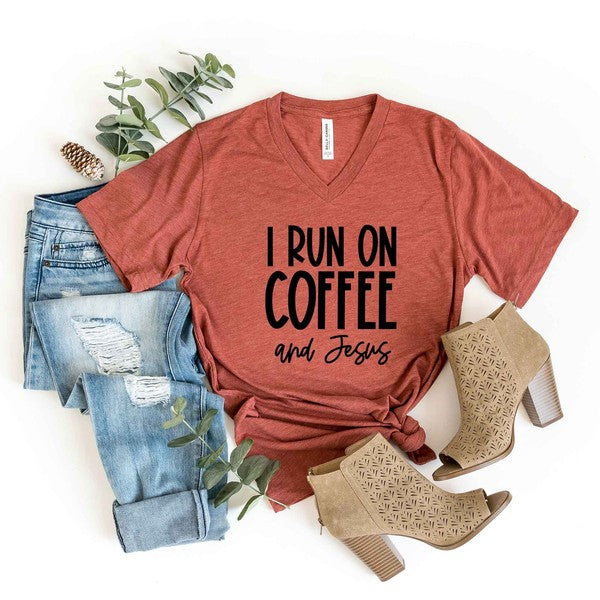 I Run On Coffee And Jesus V-Neck Graphic Tee