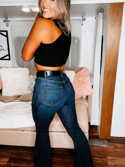 Distressed Bell-Bottom Jeans - Dark Wash