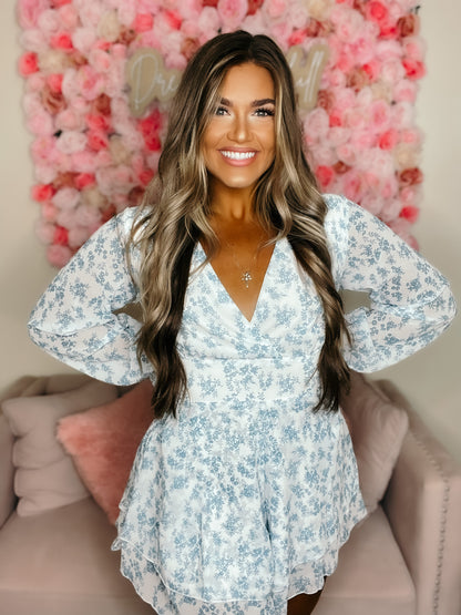 Marie Lou Romper with Back Ties & Side Zipper Blue Floral