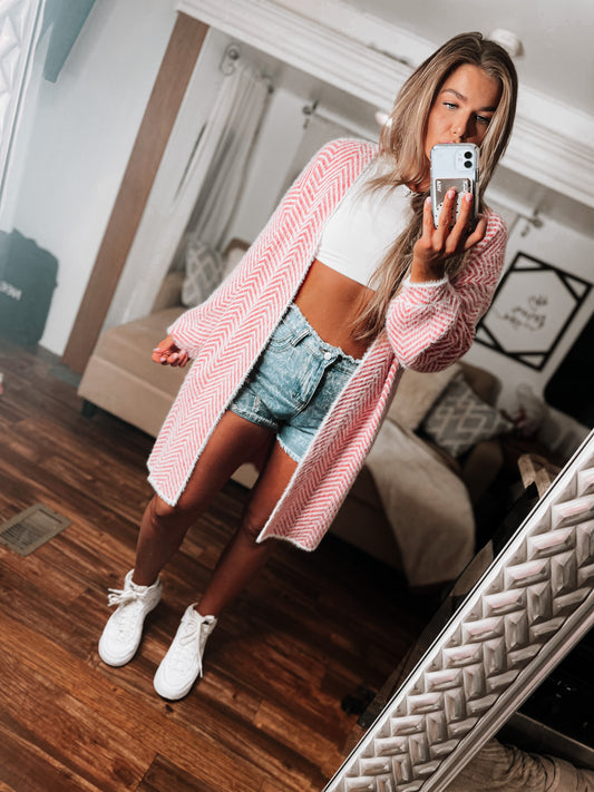 Pink print fuzzy cardigan