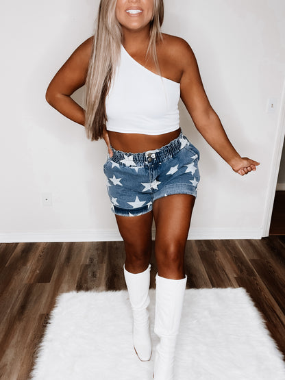 Star Print Denim Shorts with Elastic Waist