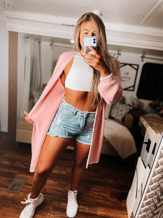 Pink print fuzzy cardigan