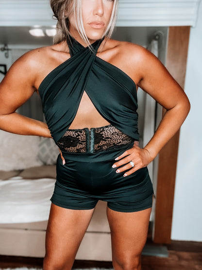 Black Romper with Crossed Top