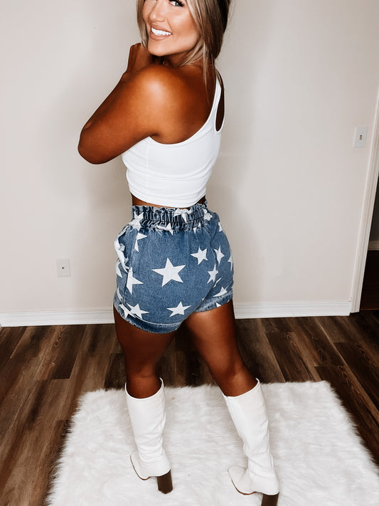 Star Print Denim Shorts with Elastic Waist